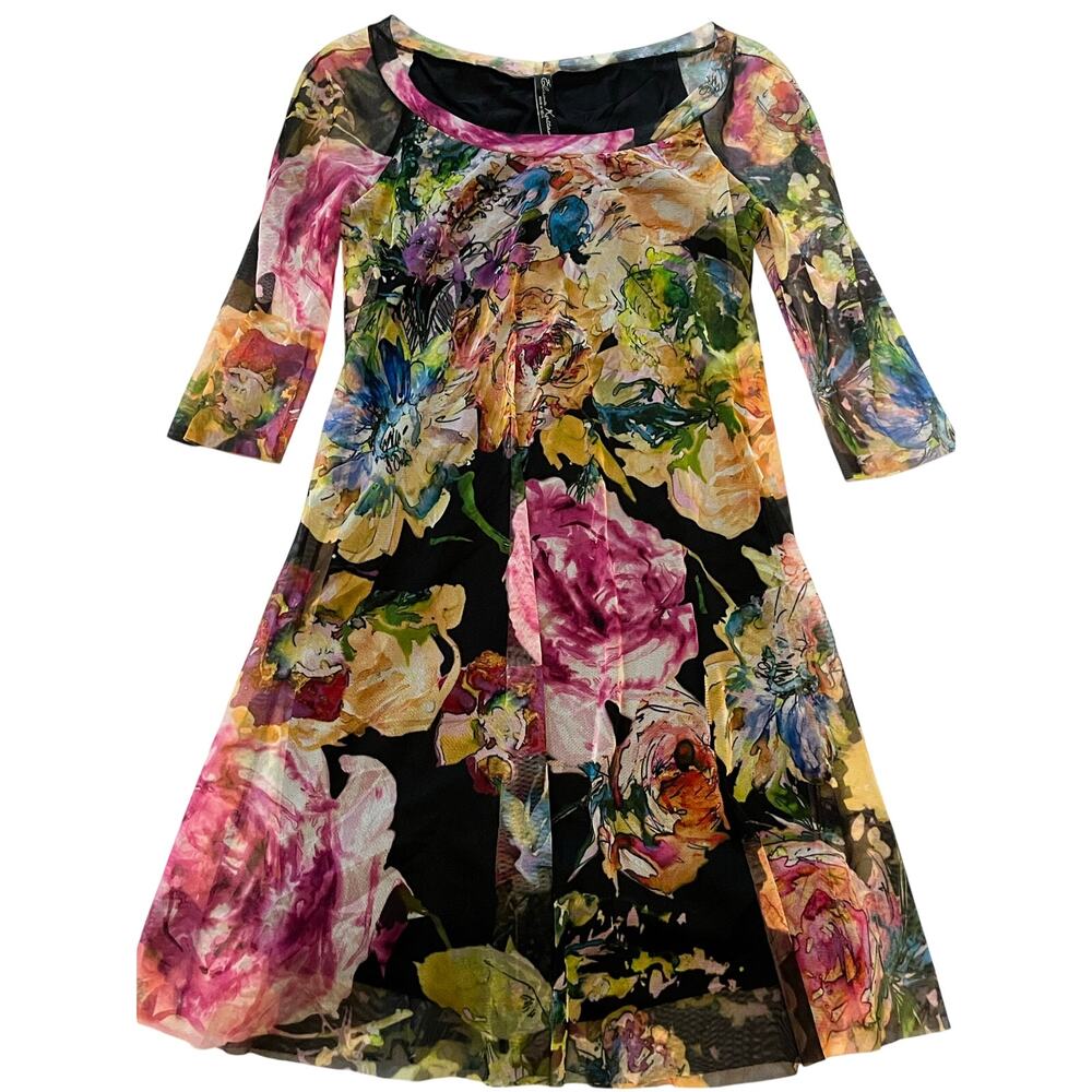 Elaua Kattau Luxury Mesh Floral 3/4 Sleeve Dress Vibrant Multicolor small